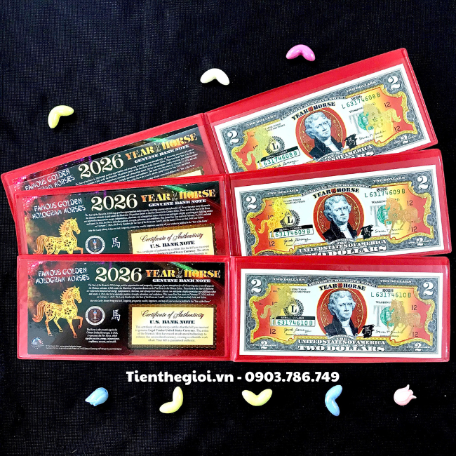 Combo 3 Tiền 2 USD Hình Con Ngựa Mạ Vàng 2026